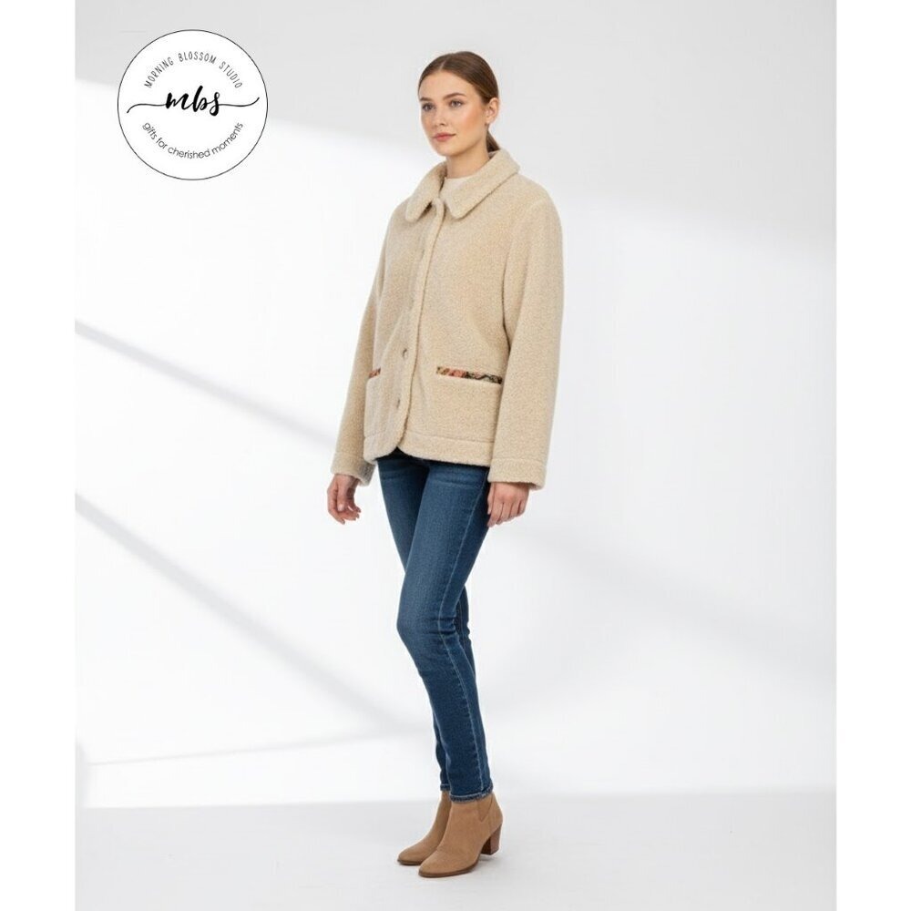Orvis Vintage Faux Sherpa Floral Tapestry Teddy Jacket Cream Tan Women M‎